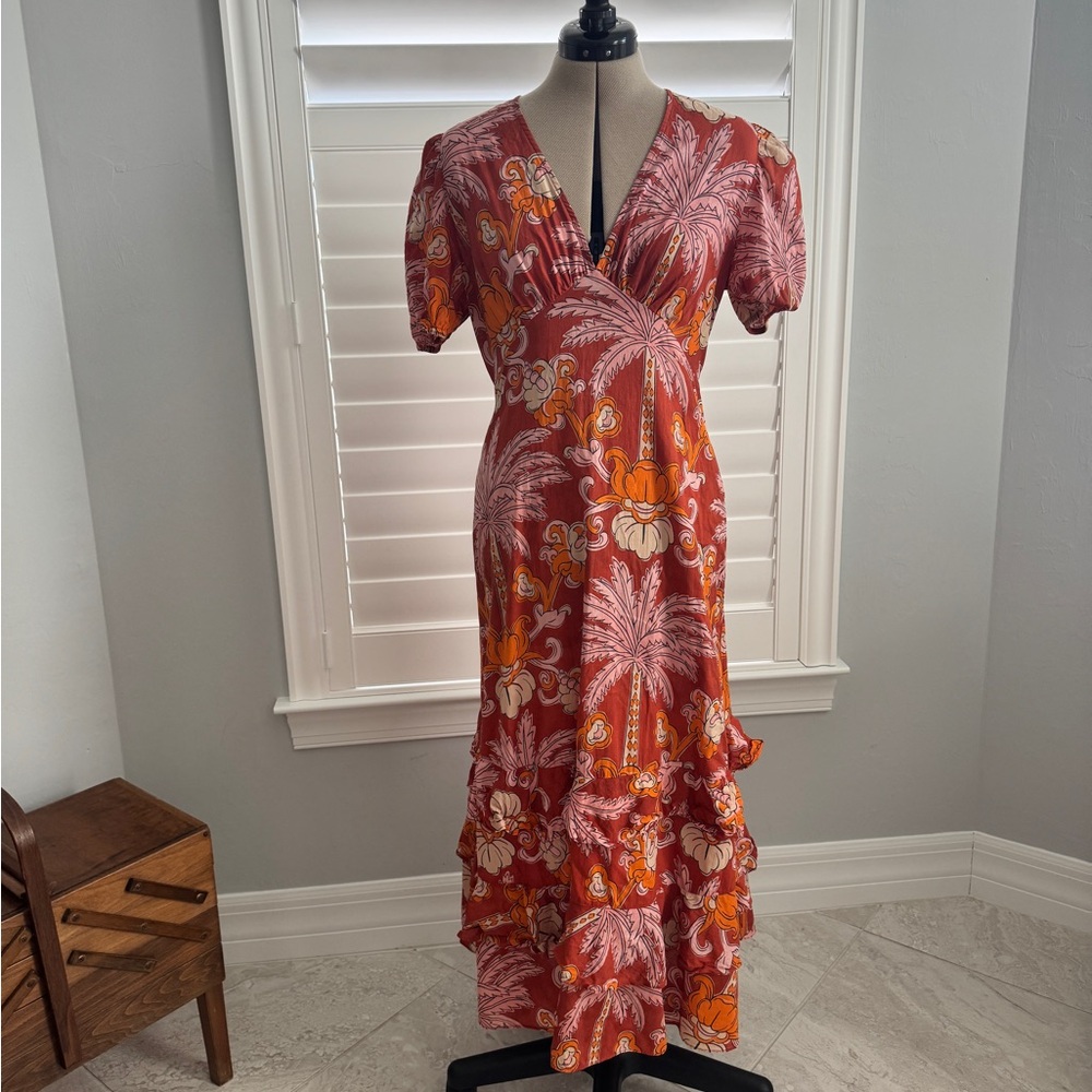 Zara Red and Orange Floral Midi Dress